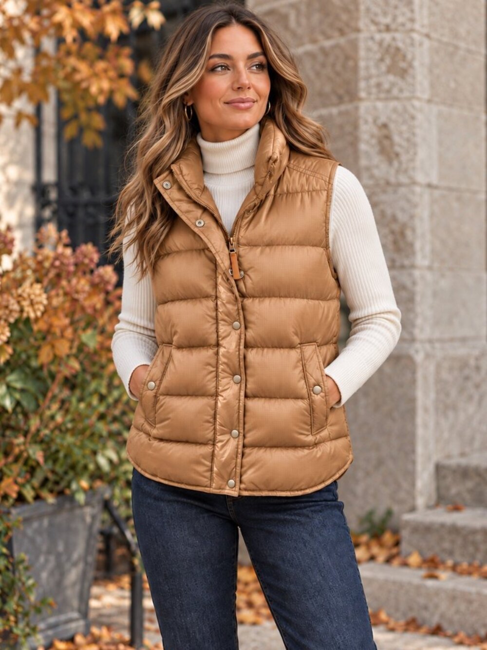 J.Crew Down Puffer Vest Womens Size S Tan Quilted Full Zip Snap Front Outdoor